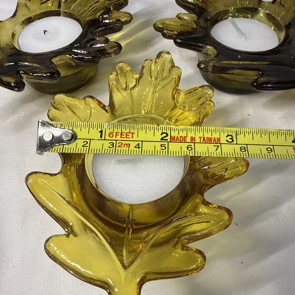 Fall Leaf Glass Votive Candle Holders Gold/Green Set of 3. Vintage